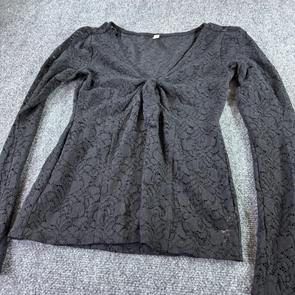 Free People Lace Top Womens S Black Tie Front V-Neck Long Sleeve Floral Boho